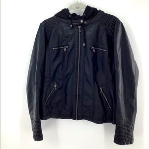 Lock & Love Black Faux Leather Jacket w/ Hood GUC